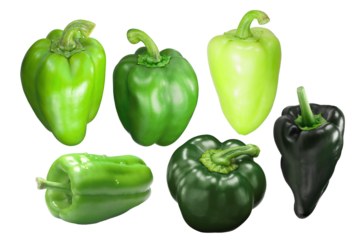 Green bell peppers (Capsicum annuum), different varieties, whole pods isolated png