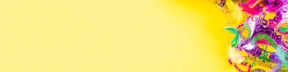 Mardi Gras colourful holiday greeting card background with festival masquerade accessories, decor,...