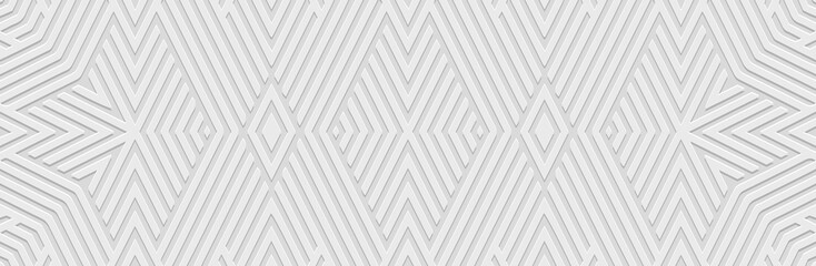 Banner, cover design. Embossed geometric unique 3d pattern on white background, paper press, boho, art deco. Ethnic traditions, tribal ornaments of the peoples of the East, Asia, India, Mexico, Aztecs