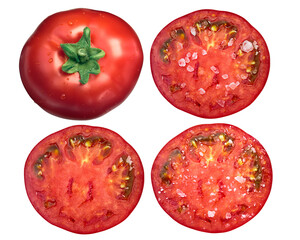 Marglobe tomatoes, whole, plain and salted slices, top view isolated