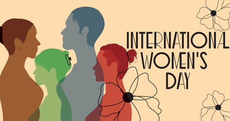 International Women's Day. Different people stand side by side together. Vector illustration. Banner