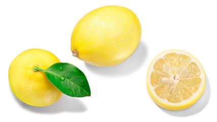 Lemon (Citrus limon fruit) with leaf, top view, upright, slice isolated png