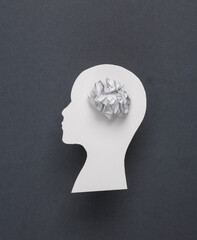 Mental health, brain disease, dementia, confused thoughts. Paper-cut silhouette of a human head...