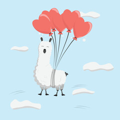 Cute alpaca on the balloons. Happy Valentine's day greeting card. Illustration for posters, greeting cards and seasonal design.