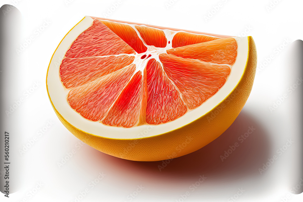 Poster slice of grapefruit held alone. slice of pink grapefruit on white background. pink grapefruit. lay f