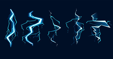 Set of Blue lightning hit effect cartoon style design vector illustration on dark blue background