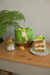 Cake decorated with decorative green moss for a children's holiday