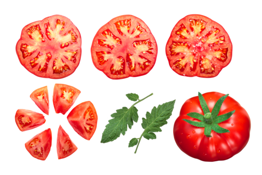 Pantano tomatoes (Solanum lycopersicum), whole, sliced, halved, chopped. Top view isolated png