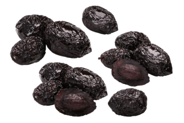 Sundried or dried greek Halkidiki (Chalkidiki) olives, piles of and singles, whole with stone,  isolated png