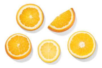 Citrus slices (orange and lemon wheels) isolated png, fresh,  top view