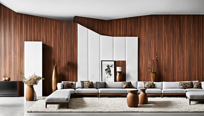 Generative AI illustration of interior with wooden paneled wall and white furniture