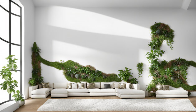 Generative AI Of Spacious Living Room With Green Plants On Wall