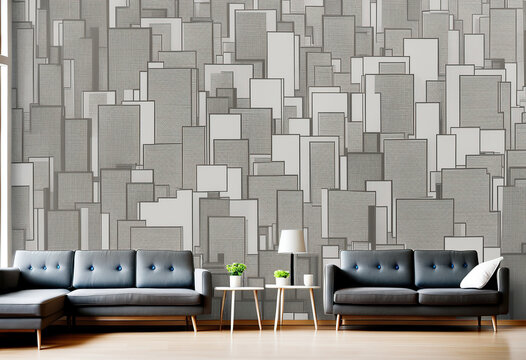 Generative AI illustration of apartment with comfortable sofa against gray wall with geometric shapes