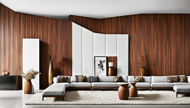 Generative AI illustration of interior with wooden paneled wall and white furniture
