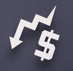 Dollar symbol cut out of paper with a arrow drop.on gray background. Finance concept
