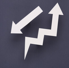 Paper-cut arrow rising and falling on a gray background. Business, economy concept