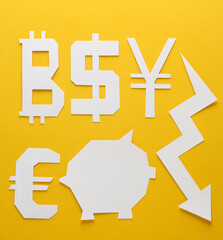 Paper-cut icons currency symbol, piggy bank, curved arrow on yellow background. Economy, finance concept
