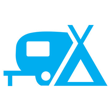 Blue and white vector graphic image of a map icon depicting a camping and caravanning site
