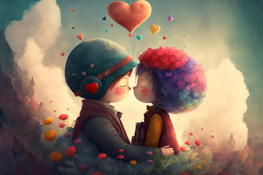 Couple Of Cute  Kids In Love, Art For Children, Cute, Whimsical, Valentine, Card , Generative AI
