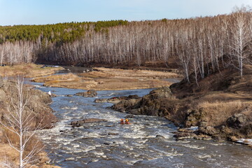 Catamaran water sports competitions on a full-flowing river in spring