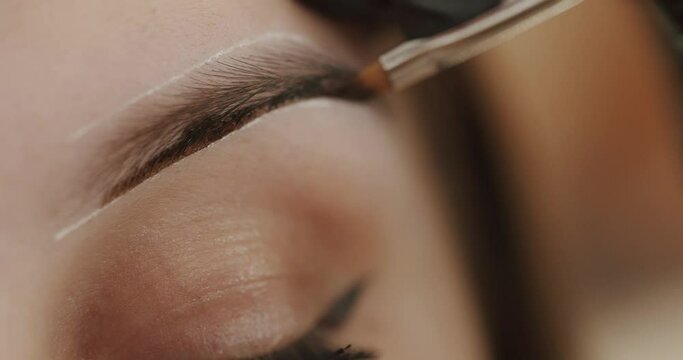 A professional cosmetologist makes make-up. Face of a young girl close-up. Dyeing eyebrows with henna apply applying. Master in black gloves makes permanent eyebrow makeup. Cosmetology procedure.