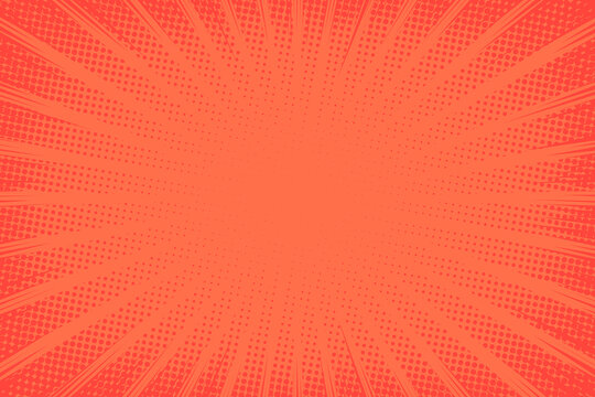 Comic background. Pop art texture. Starburst cartoon style. Anime design with explosion effect for prints. Fun dot pattern. Red backdrop with halftone gradient. Funny line frame. Vector illustration