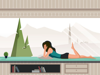 Young woman is lying by large panoramic window in her accommodation, looking out over the mountain landscape. Luxury apartment on holiday in the mountains. Flat design, vector illustration