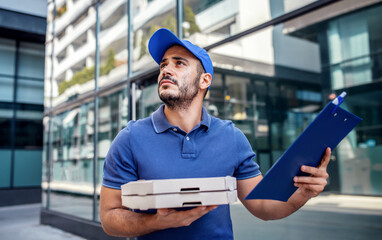Always on time. Pizza delivery man. Food and transportation concept