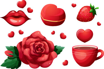 Love set. Valentine's Day set. Kiss, heart, rose, cup of coffee or tea, strawberry, ring box