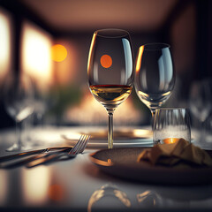 Table setup in an expensive indoor restaurant with wine glasses on the table during sunset