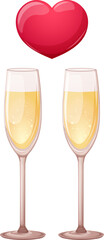 Two glasses of champagne with heart, love drink isolated