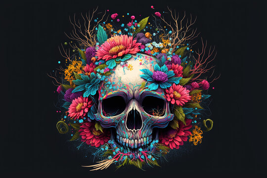 Fantasy skull with flowers. Mexican sugar skull. Scary human head on dark background. Generative AI