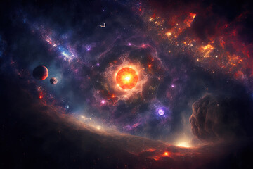 Deep space, billions of stars, planets, and galaxies, the light from far off stars, and a voyage through the cosmos. Generative AI