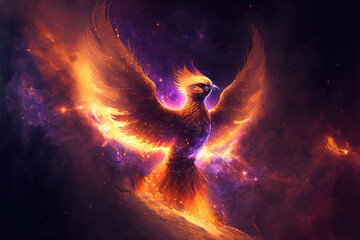 Phoenix with burning wings on space background. Symbol of rebirth. Fantasy illustration. Generative AI
