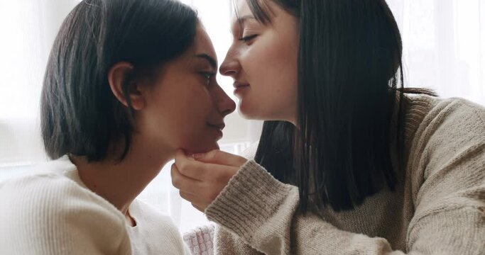 Handheld shot of young brunette touching chin and kissing forehead of girlfriend while rubbing noses together against window with translucent curtain during romantic date in daytime at home.