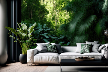 a contemporary living room with a background of a tropical garden There is a huge couch set made of white cloth on a hardwood floor. Generative AI