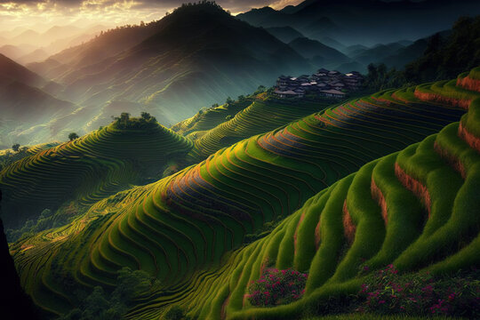 Terraced rice fields in Thailand atop a mountain. Generative AI