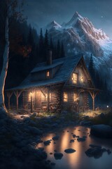 cabin house in the mountains at night