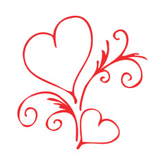 Couple of red outlined hearts on white background. Doodle sketch for the Valentine day, wedding and romantic love drawings. Isolated on white background