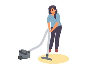 A woman or girl is vacuuming a carpet. Cleaning. Vector illustration