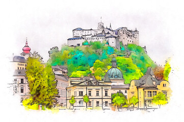 Naklejka premium Fortress of Salzburg (Hohensalzburg) and historic buildings, Salzburg, Austria, watercolor sketch illustration.