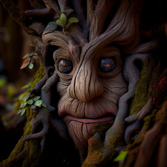 Young gnarled anthropomorphic tree with eyes, generative ai