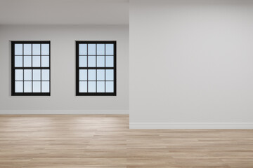 Empty white wall with window. 3d rendering of interior living room with sky background.