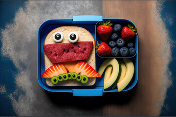 A adorable monster sandwich made with salami and fresh fruit like strawberries and blueberries is included in this student's lunchbox. view from above flat lay. Generative AI