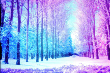 a wonderful shining forest in pink and blue, winter dreaming forest, generative ai technology
