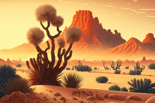 Natural Background Of The African Desert With Layers Prepared For Game Animation. Tumbleweed Drifting Across An African Natural Environment Of Sand, Cactus, And Rocks In A Hot, Dry Desert Animated Ill