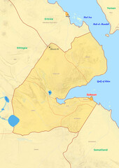 Djibouti map with cities streets rivers lakes