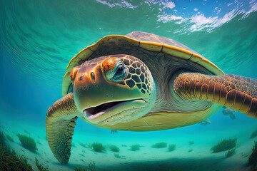 Fototapeta premium A huge turtle moving underwater in the ocean is captured in a lovely close up. Generative AI