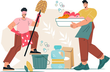 Family couple busy with household chores. Married couple keeping house clean and tidy. Housekeeping and spring cleaning.