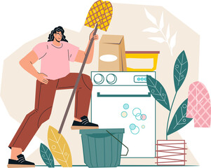 Happy woman ready for household chores. Housewife keeping her house clean and tidy. Housekeeping detergents and supplies. - obrazy, fototapety, plakaty